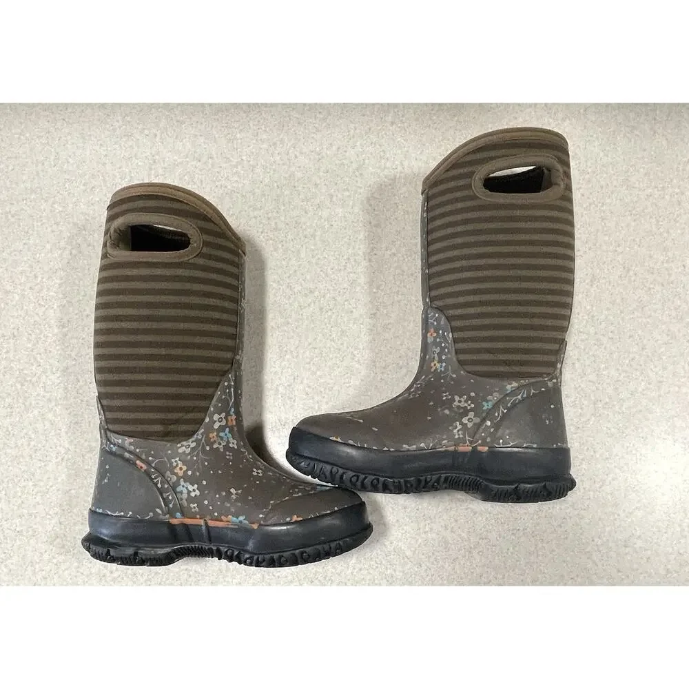BOGS Kids Classic Flower & Stripe Brown Rain/Snow Boot Youth Size 12 -Outdoors
